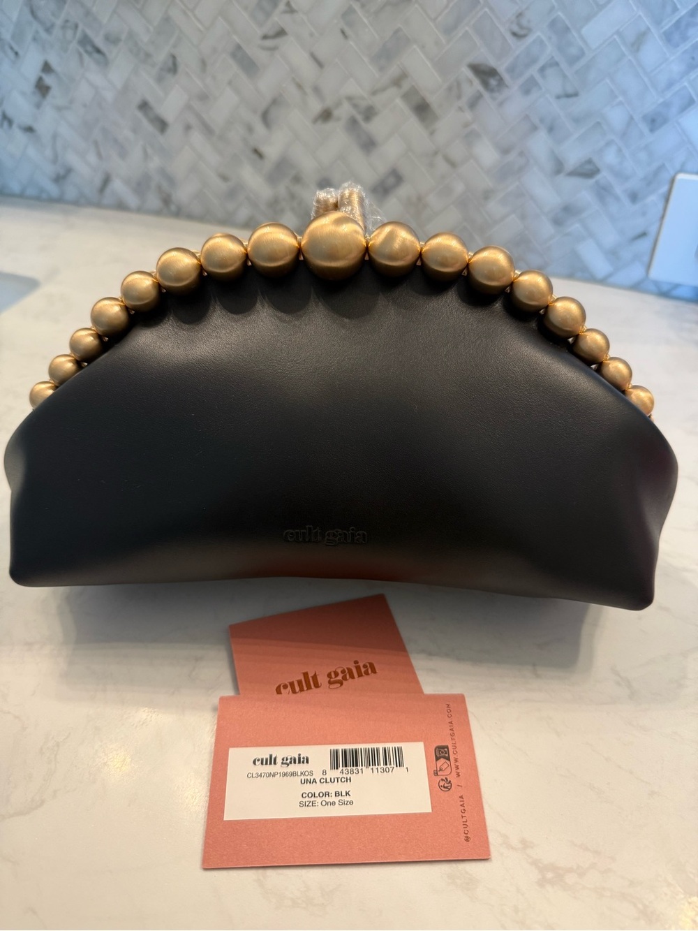 cult gaia Black Una Clutch with Gold Beaded Handle